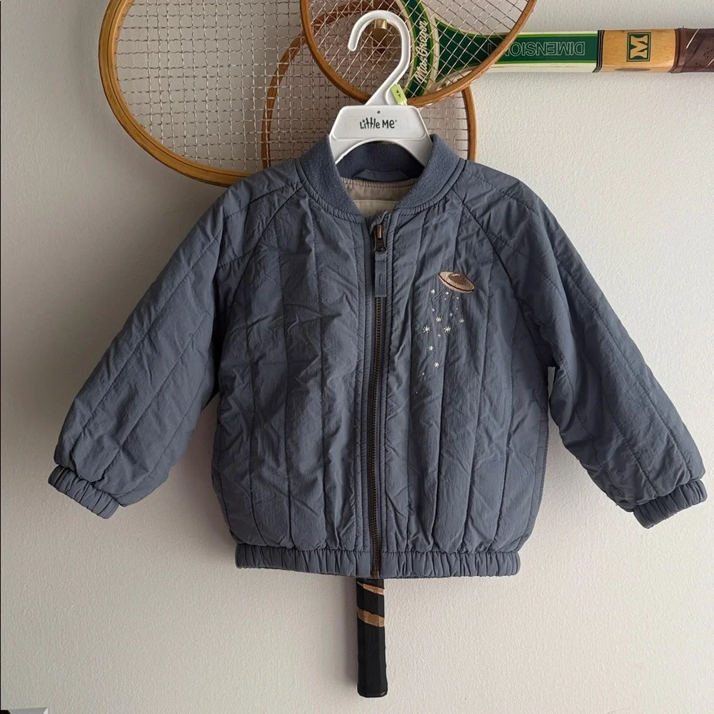 Little Me Gray-Blue Quilted Kids' Puffer Jacket with Space Patch - Picture 1 of 6
